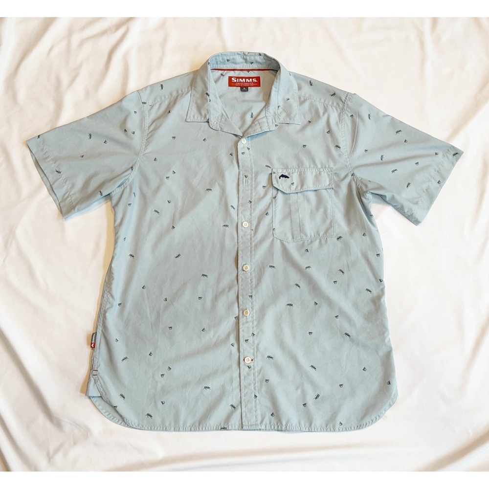 Simms Fishing Short Sleeve Button Shirt Mens Large Blue All Over Print Fish